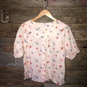 Madewell Cream Blouse with Red and Blue Flowers (M)